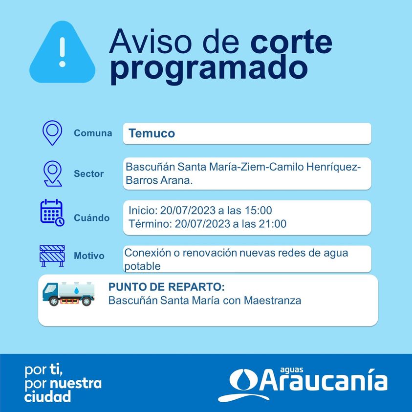 Aguas Araucanía informa corte programado de agua en Temuco el jueves 20 de julio, de 15:00 a 21:00 hrs. Afectará a sectores de Bascuñán Santa María, Ziem, Camilo Henríquez y Barros Arana