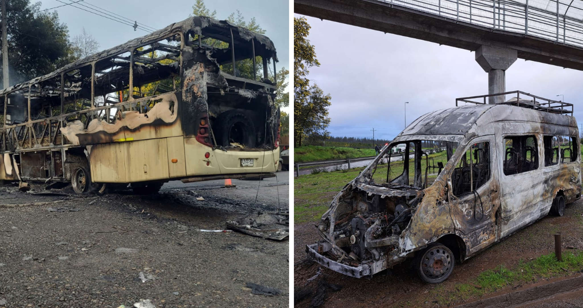 Dos ataques incendiarios simultáneos en Collipulli: Incendian un bus en la ruta 23 y vehículos en la Ruta 5 Sur