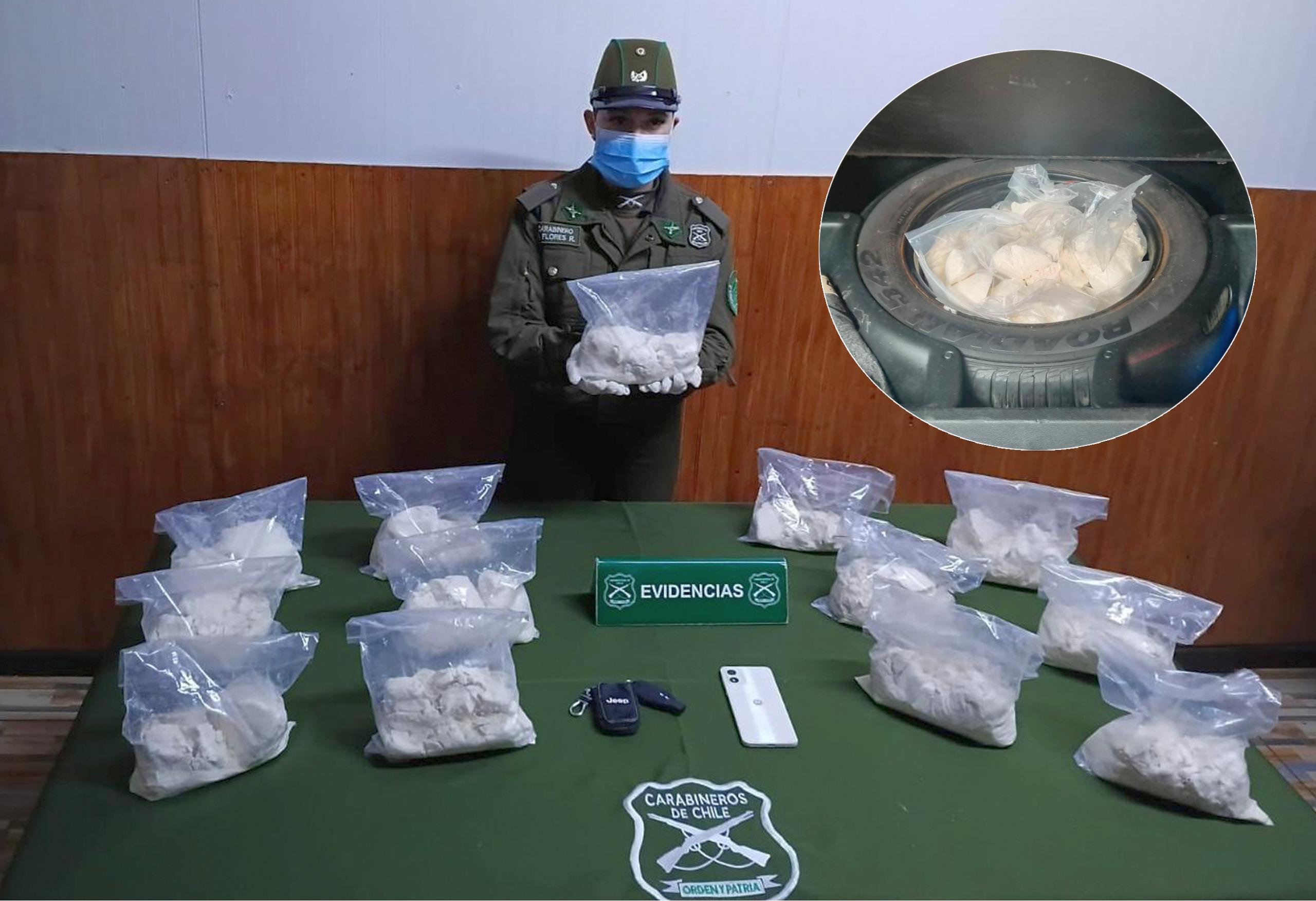 Carabineros sorprenden a conductor con más de 12 kilos de cocaína oculta en una rueda